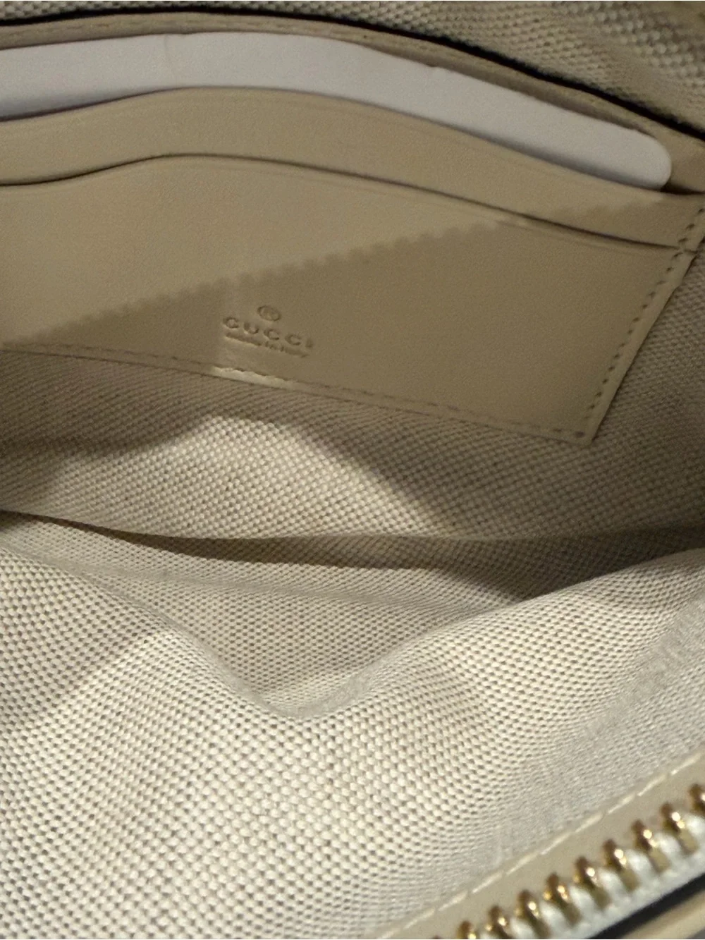 Authentic Gucci Cream Leather Zip Pouch with Red Double G Logo